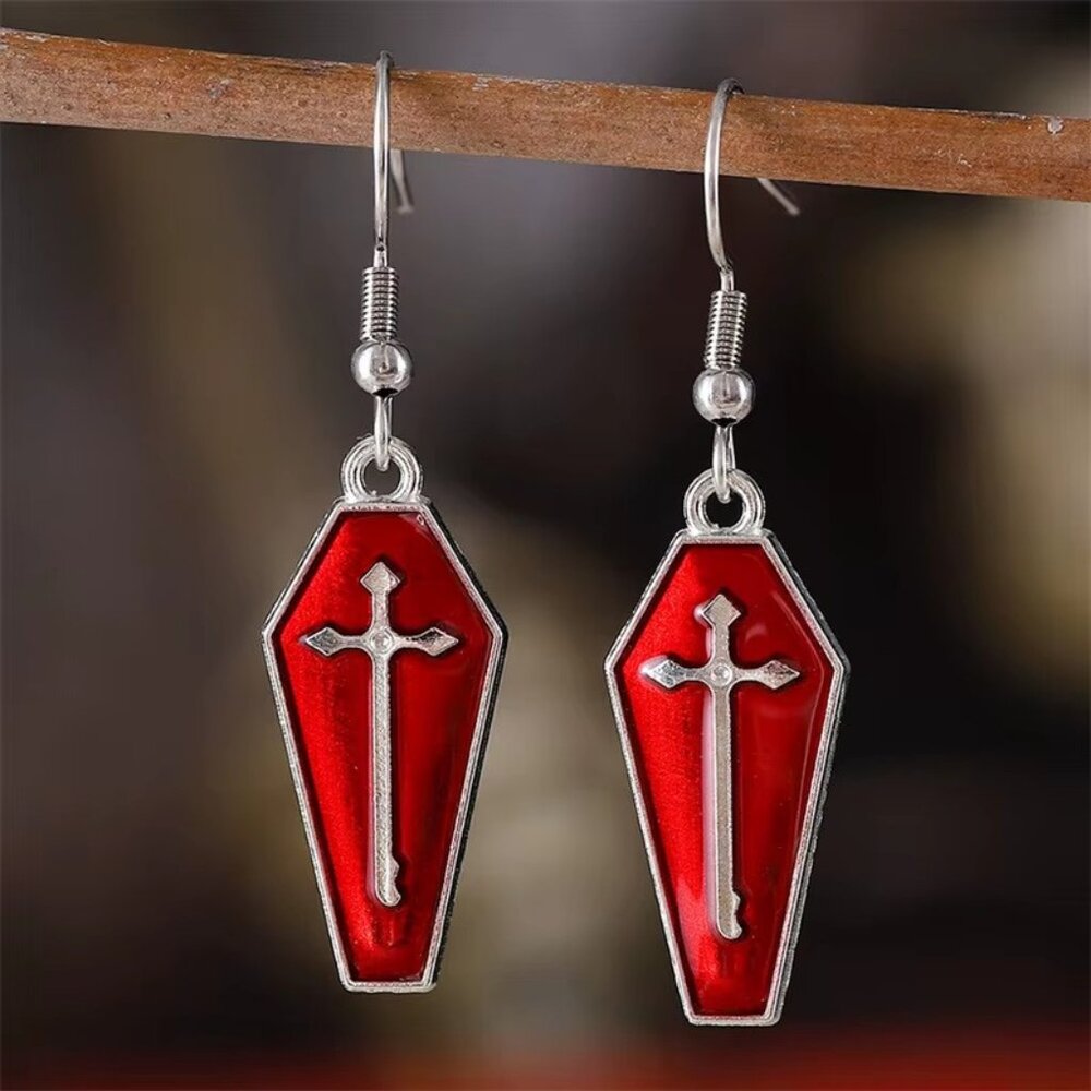 Halloween Coffin Earrings ⚰️ | Red Cross‎ | Gothic Punk Jewelry for Halloween